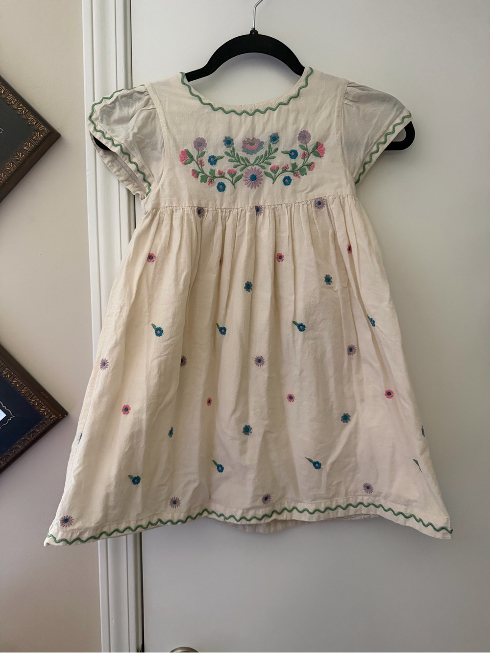Mini Boden Cream Dress with Pink, Blue and Purple Floral Embroidery